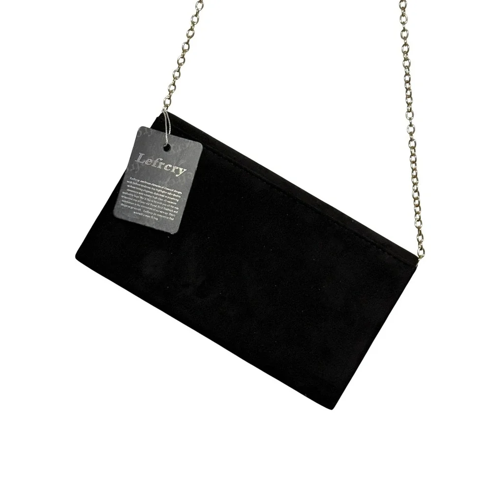 NEW Lefrcry Black Faux Suede Rhinestone V-Shape Evening Clutch Bag Chain‎ Strap